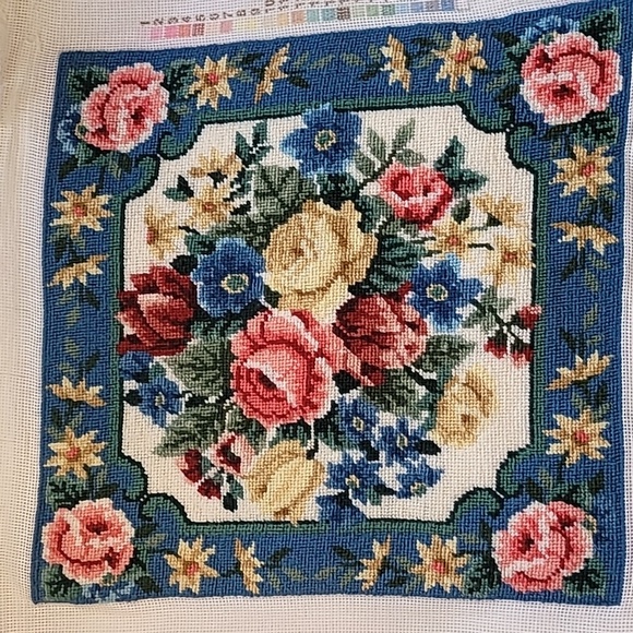 Other - Floral Needlepoint Tapestry with Blue Border